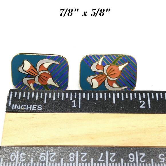 Laurel Burch Gold Plate "Iris" Teal Blue & Orange Enamel Cloisonne, 1980s - Picture 7 of 7